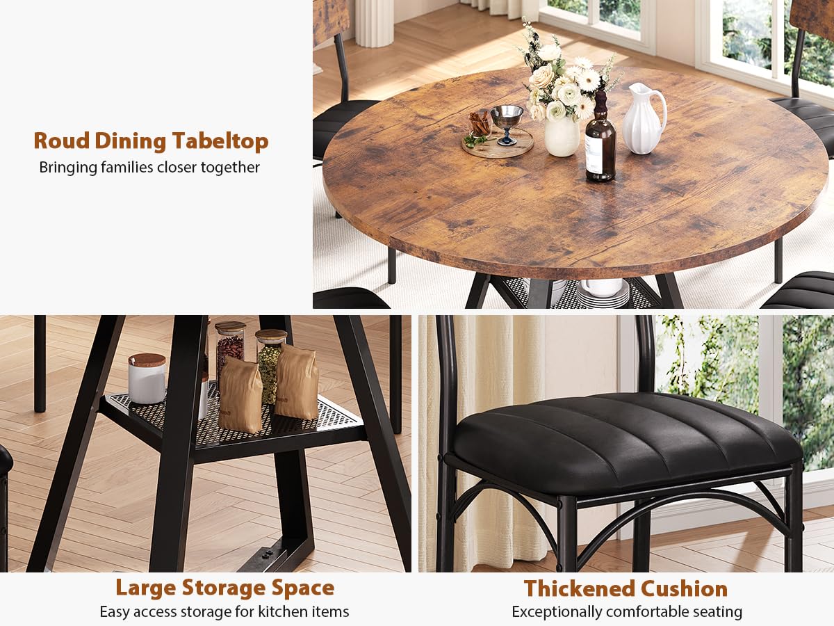 Dining Table Set for 4,Kitchen Table and Chairs for 4, Round Dining Room Table with Upholstered Chairs, 5 Piece Space Saving Circle Wood Kitchen & Dining Room Dinner Dinette Table Set (Vintage, 47In)