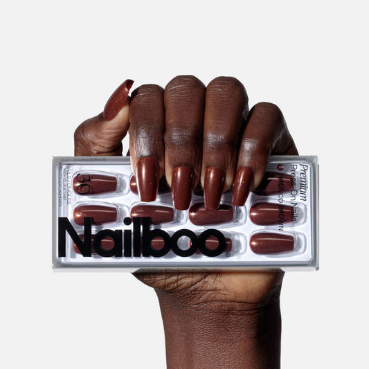 Nailboo Press On Nails, Salon-Quality Reusable Fake Nails for Fast DIY Manicure with Strong Hold Nail Glue for Press Ons, Nail File, & Alcohol Prep Pads, Bronco Brown
