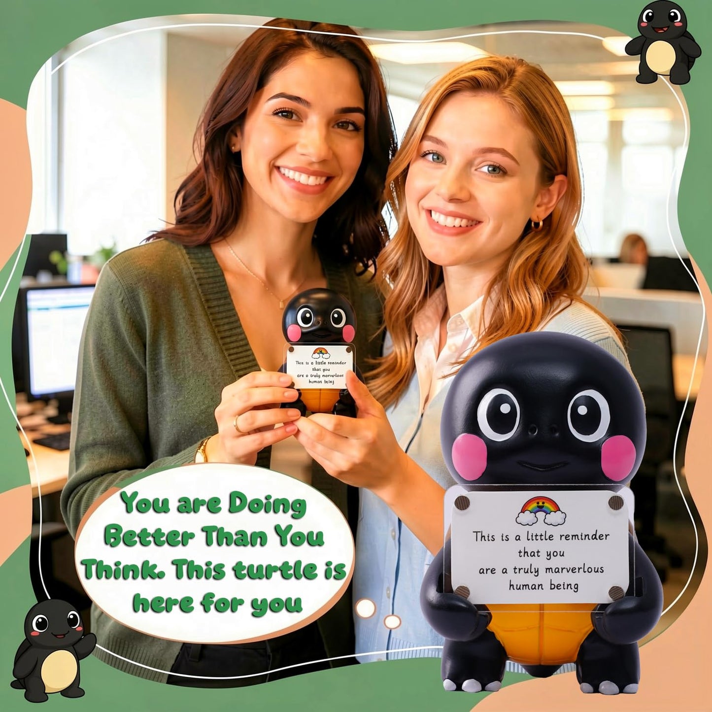 hollishowe Positive Turtle Figurine - 4.3" Tall Hand-Painted Resin Indoor Office Desk Decoration with Cute Motivational Sign, Funny Gift for Women Friends Bestie BFF Bestfriend Coworkers (Black)