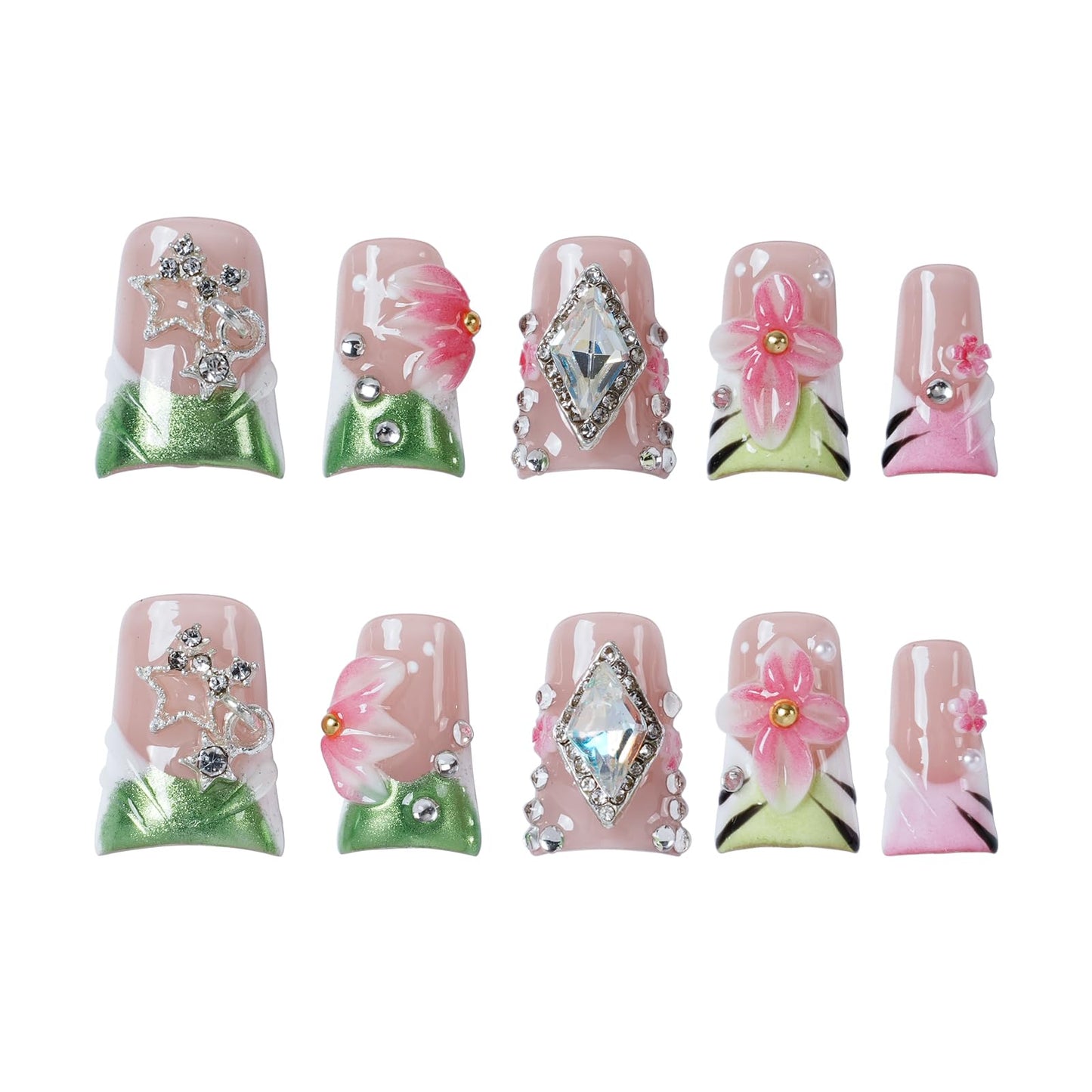 Tesytto Duck Thick Press on Nails Handmade 3D Fake Nails for Nail Art (Emerald Gold Lattice Bloom, M)