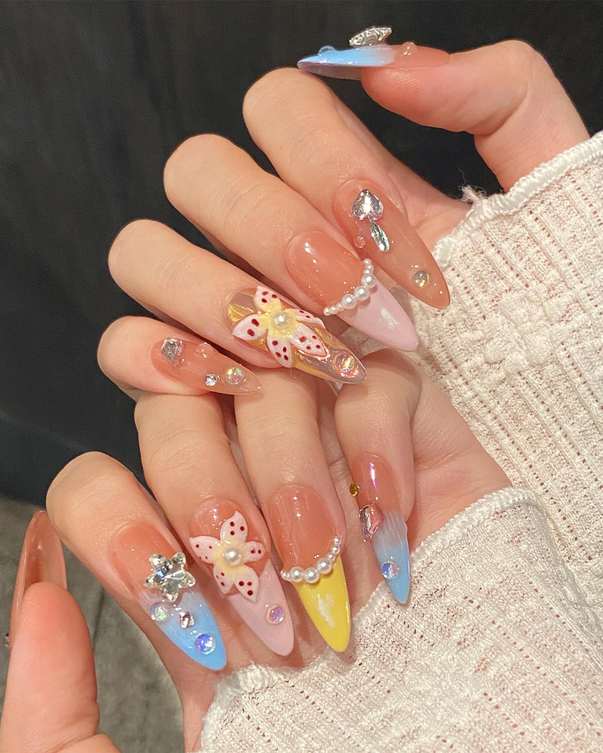 CAMILCY Press on Nails Handmade Nails Luxury Reusable Fake Nails For Girls Long Almond Armor Mixed Color Pink Diamonds Hand Painted Salon Loveful Design Acrylic Gel UV Finished 3D Nails 10PCS(B11, L)