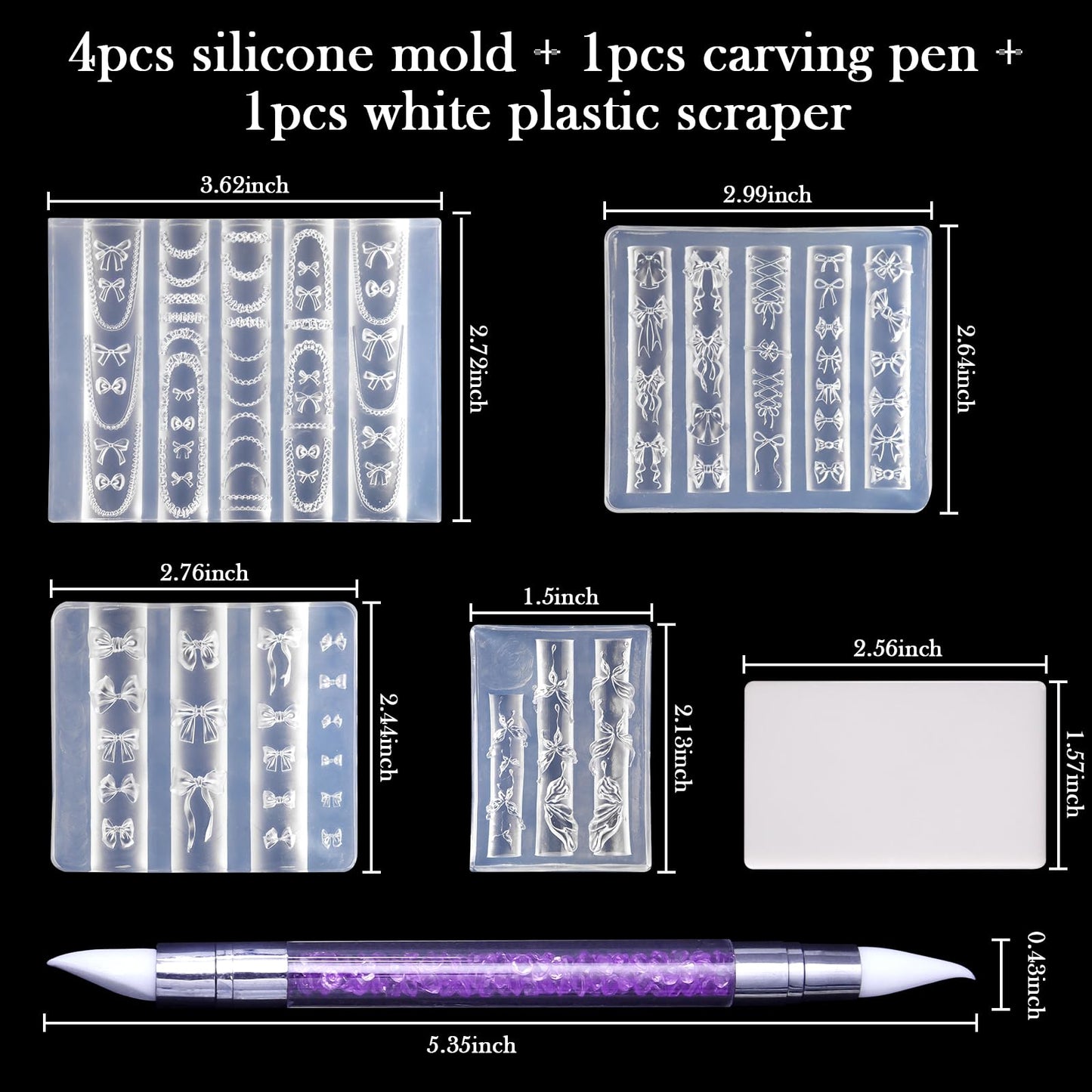 Laza 4pcs Bowknot Silicone Nail Art Molds, 3D Multiple Shapes Ribbon Lace Bows Charms Silicone Nail Accessories with Carving Pen Resin Nail Art Mold Manicure Tools for Women DIY Manicure Design