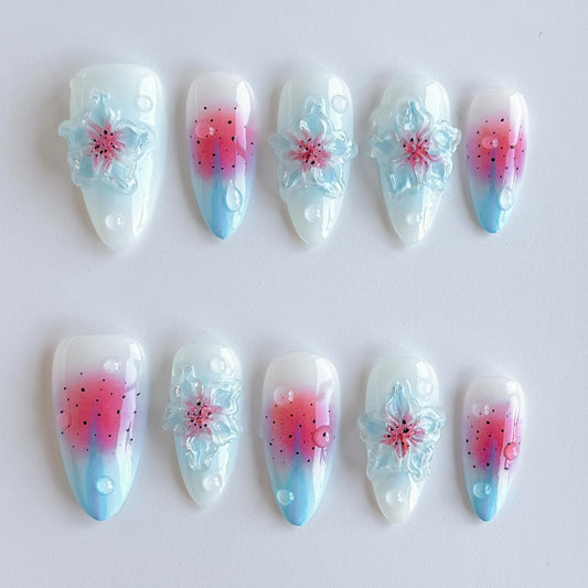 Luxury Press on Nails Medium Almond Handmade 3D Unique Reusable ABS Material Fake Nails Blue False Nails with Designs Pink&Blue Flower Water Drop Art Petal Glossy Thick Acrylic Nails(S)