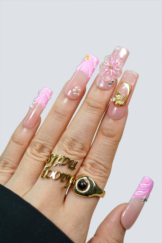 Nelaoco 10PCS Handmade Press On Nails REUSABLE 3D Gel Fake Nails Acrylic Slim Natural Profile Glassy Shine & Detail-Focused Finish (Champagne Rose Quartz - S)