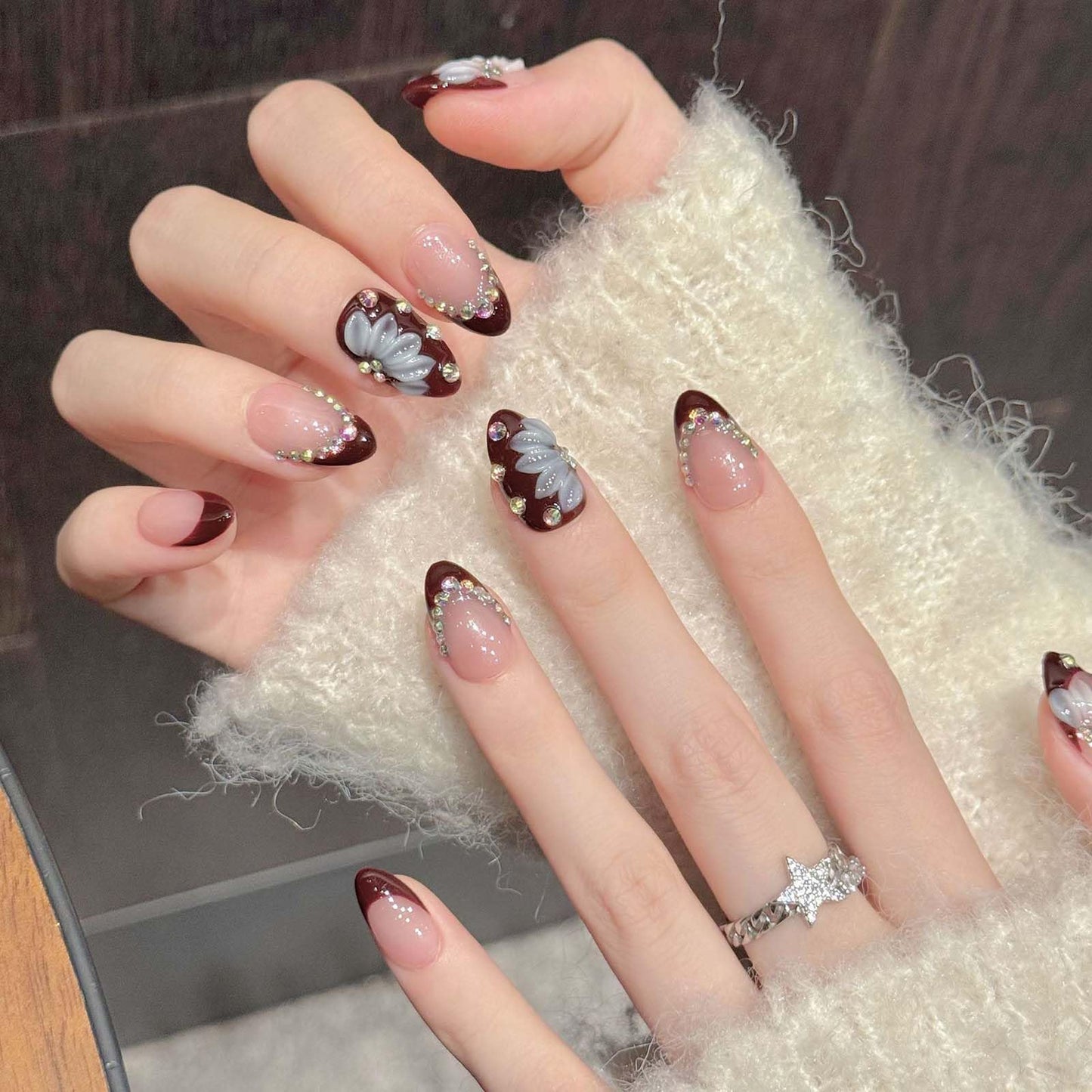 10Pcs Short Almond Handmade Press On Nails | Easy Apply & Remove, Reusable Salon Quality Nails | Elegant Burgundy French Tip Fake Nails with 3D Floral & Rhinestone Accents (RR04, XS)
