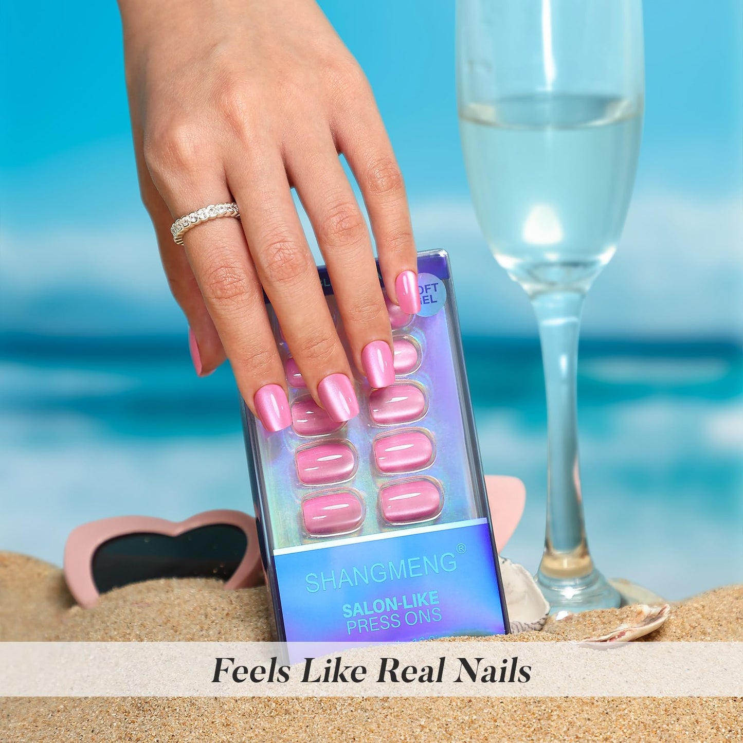 Pastel Baby Pink Press on Nails Short - SHANGMENG Soft Gel Valentines Cat Eye Press on Nails Square for Women Gift, Glossy Glue on Nails in 16 Sizes - 32 Reusable Fake Nails Kit with Glue, Sweet Kiss