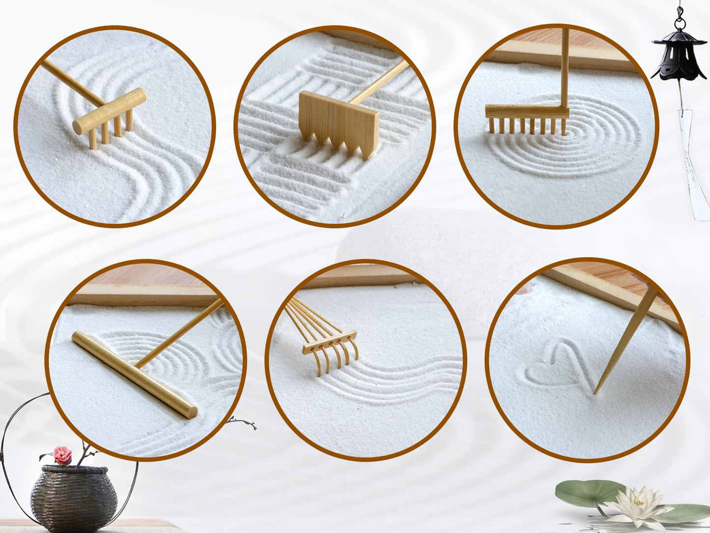 Mini Zen Garden Rake Tool - Tabletop Meditation Rock Sand Garden Kits with Moss Rakes Brusher Spoon Figurines Holder