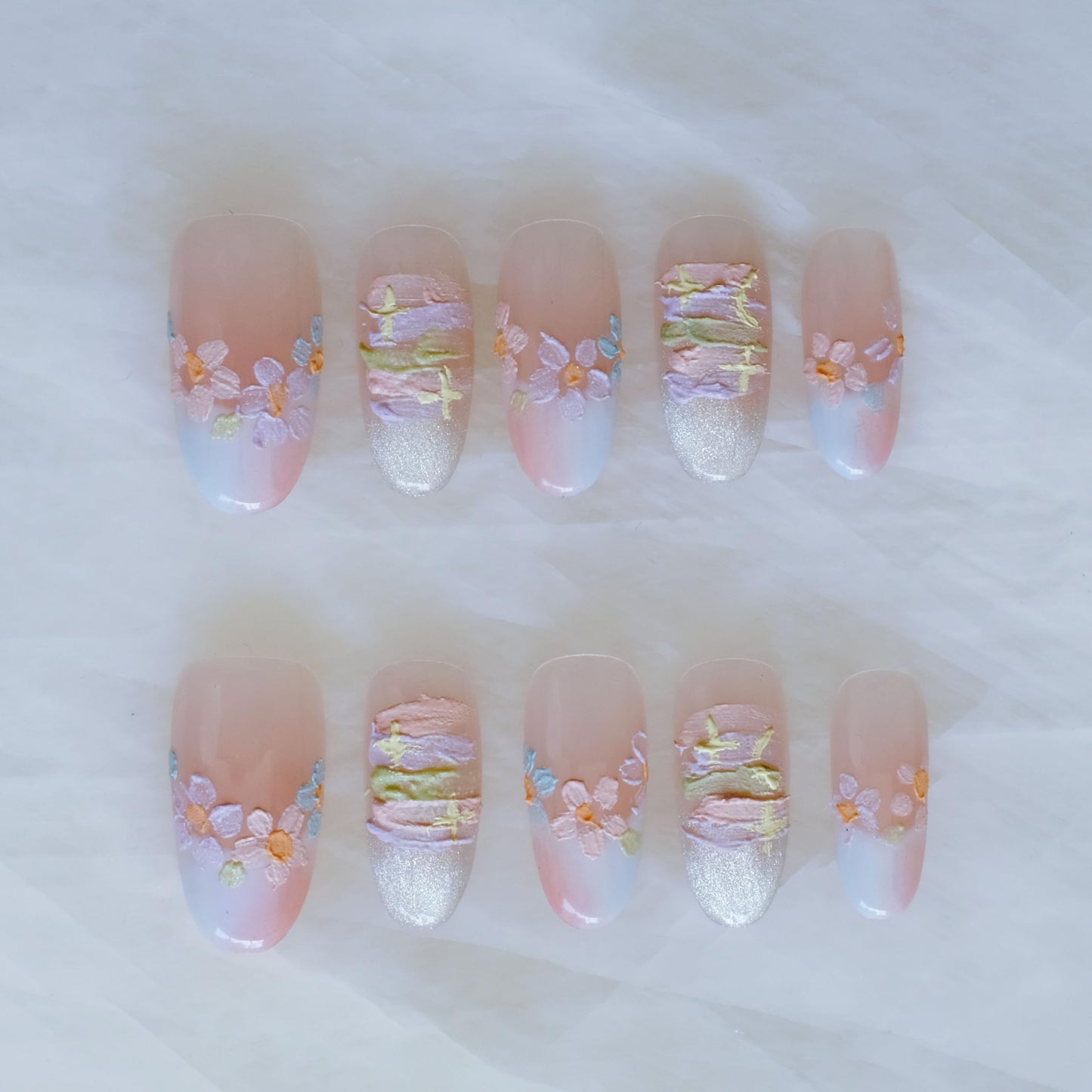 [GLORS] Purly Handmade Almond Press on Nails | Oil Painting Style Flower in White and Nude French Tip Nails, 10 Pieces (Medium, Almond)