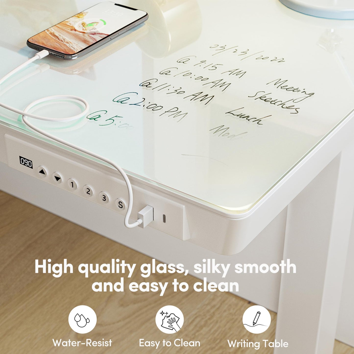 BANTI Electric Standing Desk with Drawers, 55 inch Whole-Piece Glass Desktop, Height Adjustable Stand up Sit Stand Home Office Ergonomic Workstation, White Tabletop