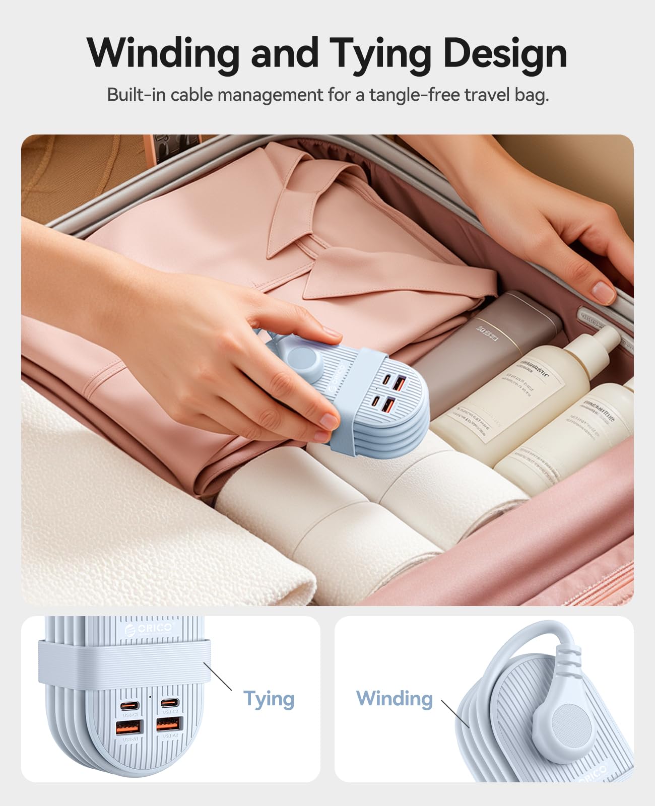 ORICO 65W USB Travel Power Strip, 7 in 1 Charging Station with 3AC, 2 USB-A, 2 USB-C, Flat Plug and 4ft Extension Cord, Fast Charger for MacBook, iPad, iPhone 17/16/15 - TK65