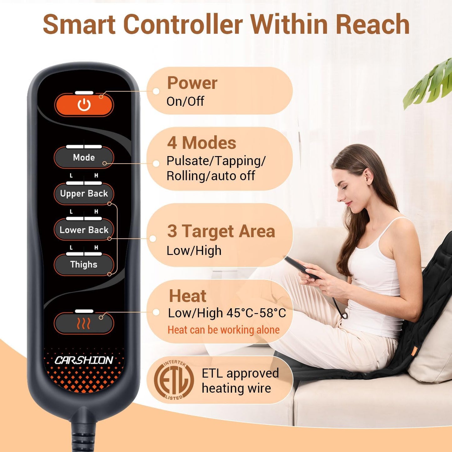 CARSHION Back Massager with Heat,Heated Seat Cover Cushion with 5 Vibrating Massage Nodes & 2 Heat Levels Massage Chair Pad for Pain Relief Home Office Use