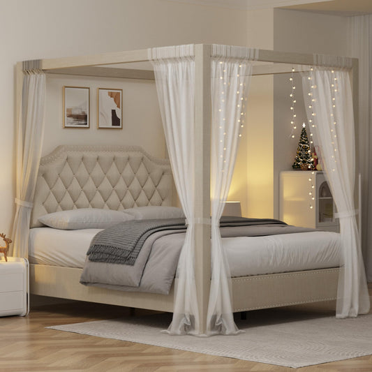 IDEALHOUSE Queen Size Canopy Bed Frame with Nailhead Decoration Headboard，Upholstered Bed Frame with Poles 4 Corner Bed Bracket,Solid Wood Slats Support,No Box Spring Needed,Noise Free,Beige