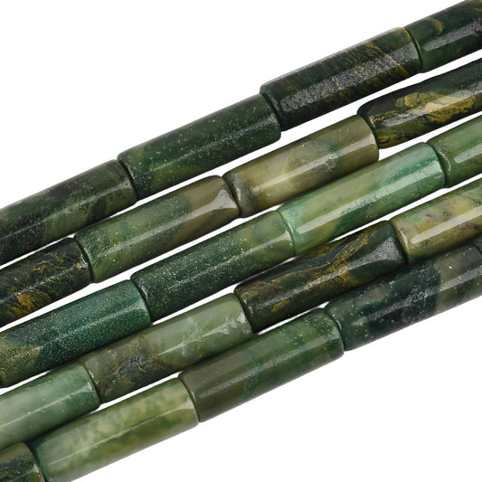 HAAMIIQII Natural Green African Jade Tube Beads 13x4mm Column Stone Cylinder Gemstone Loose Beads for Jewelry Making Strand 15 Inch (28-29pcs)
