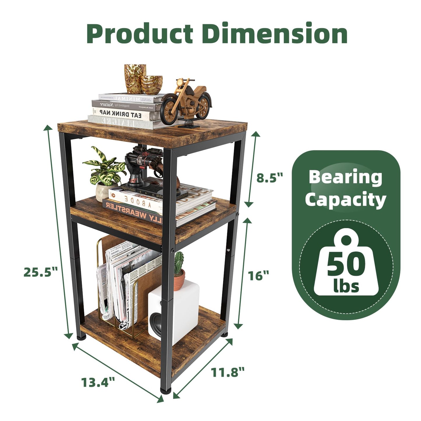 Simple Trending Side Table, End Table Night Stand, 3 Tiers Shelf for Living Room, Rustic Brown