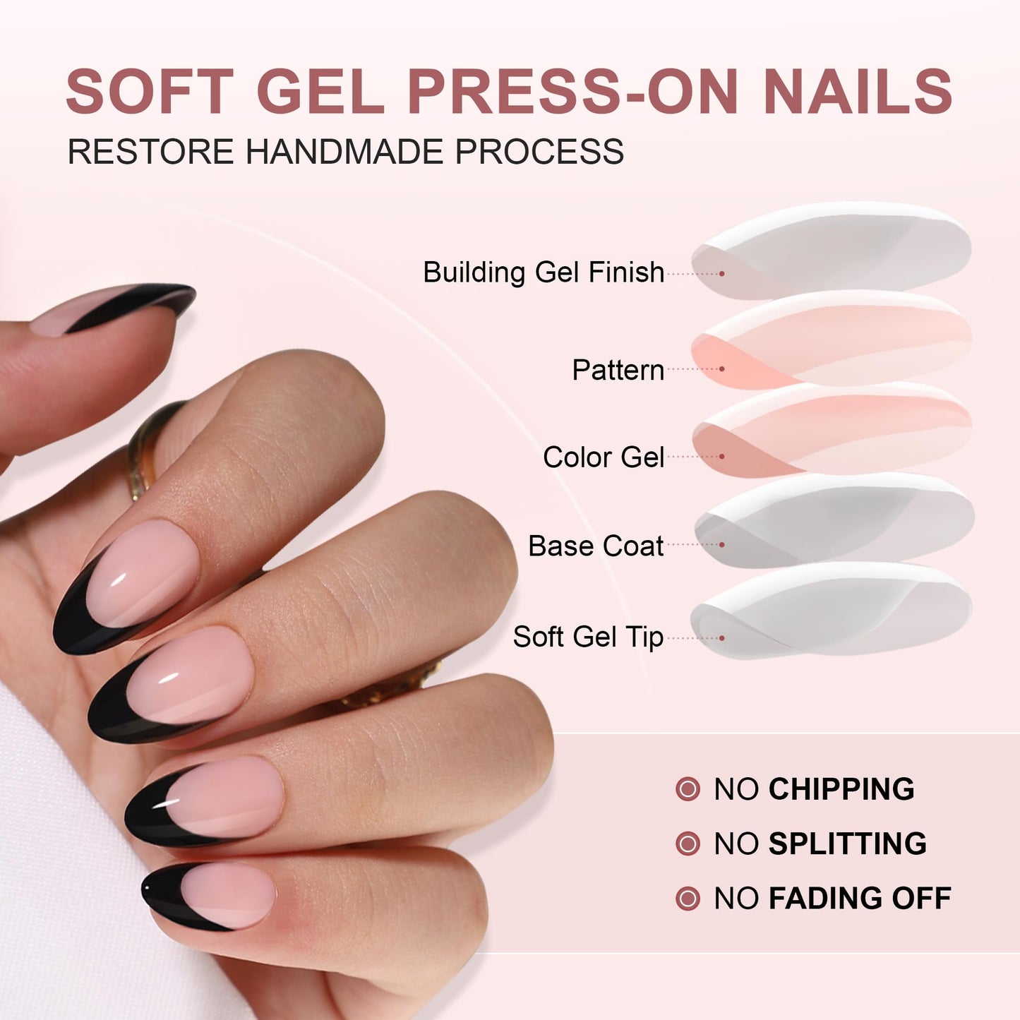 WAFOLOZE Black French Tip Press On Nails - Press On Nails Almond, Short Fake Nails with Nail Glue, Artificial Nails 16 Sizes - 32Pcs Reusable Soft Gel False Nails Tips Kit, Glue On Nails Short