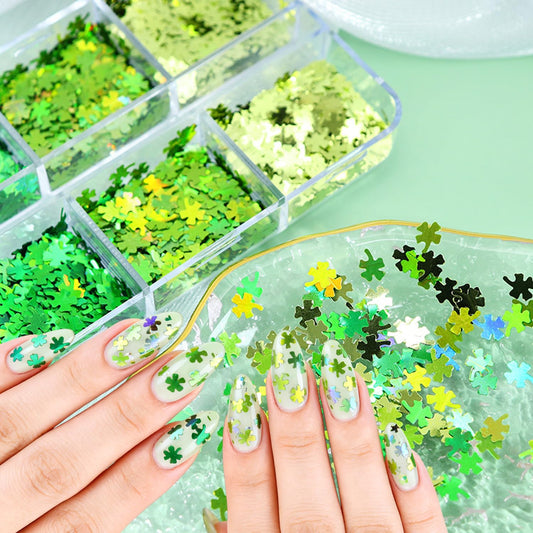 St. Patrick's Day Nail Art Glitters Kit - 3D Sparkling Four-Leaf Clover Design Green Shamrock Nail Glitter Flakes Irish Lucky Shaped Nail Sequins for Women Spring Manicure Decor DIY Accessories Crafts