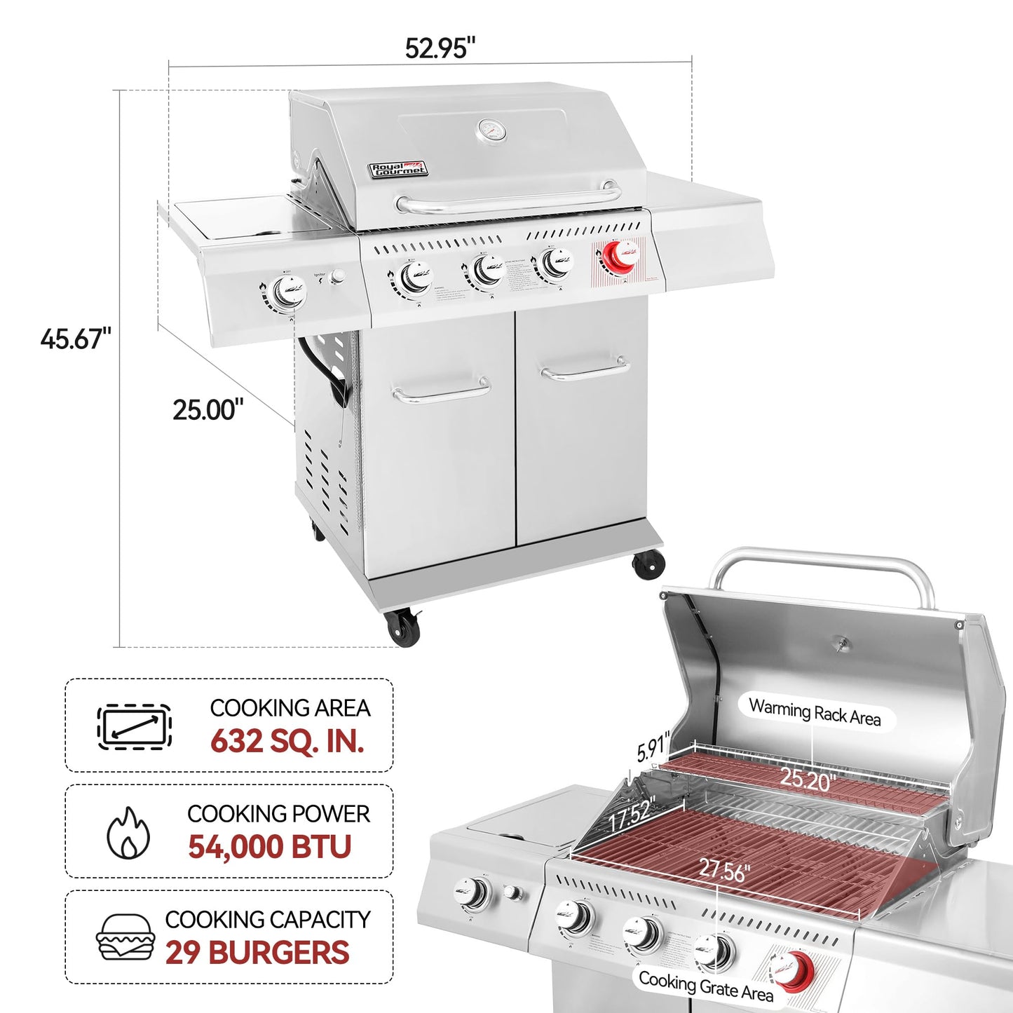 Royal Gourmet GA4402S 4 Burner Propane Gas Grill with Side Burner & Warming Rack, Stainless Steel Gas Grill with 54,000 BTUs Output for Barbecue Grilling & Backyard Cooking, Silver