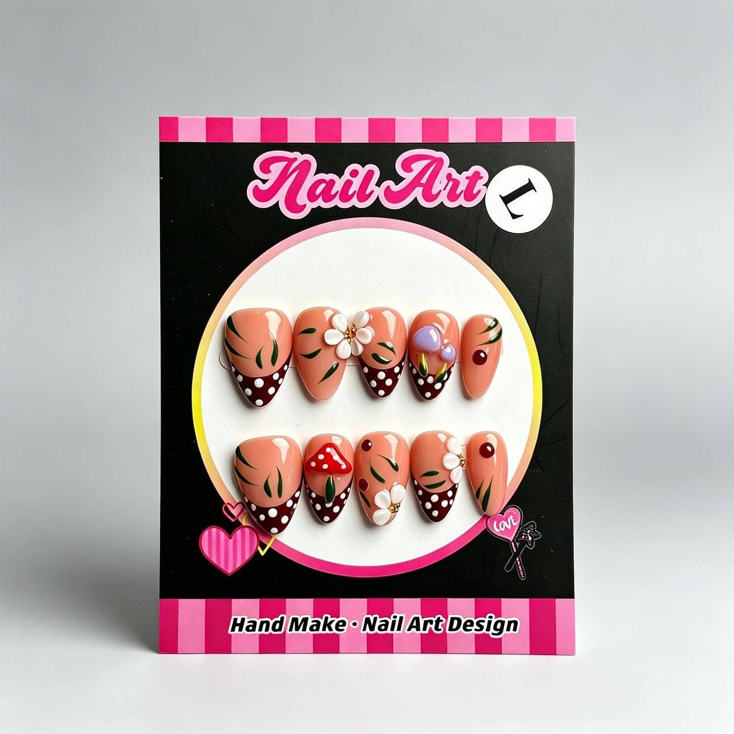 Vanpaga Red Handmade Press on Nails, Red Polka Dot Nail Tips with Mushroom& Floral Design, Almond Shape Acrylic Nails Kit, Reusable Professional Nail Art for Women & Girls(M)