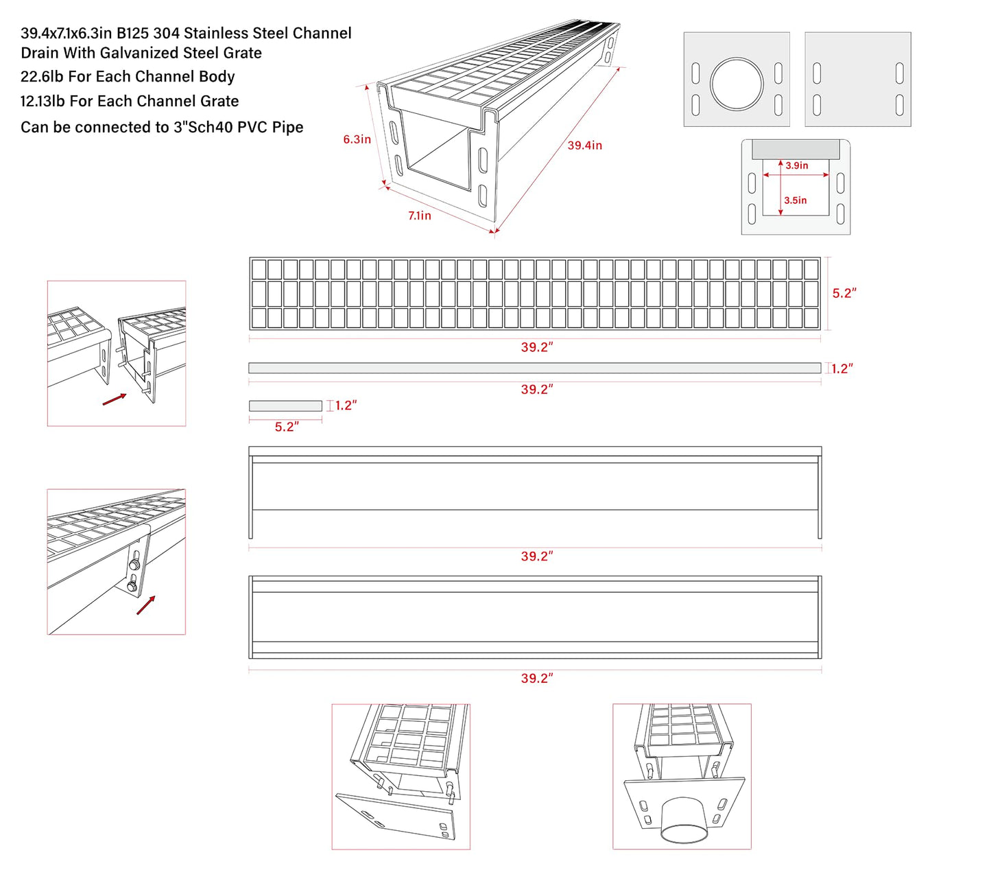 Natotela Driveway 304 Stainless Steel Channel Drain with Galvanized Steel Grate-39.4x7.1x6.3in B125 Heavy Duty Metal Trench Drain System,Durable Outdoor Drainage System for Garage,Parking Lot
