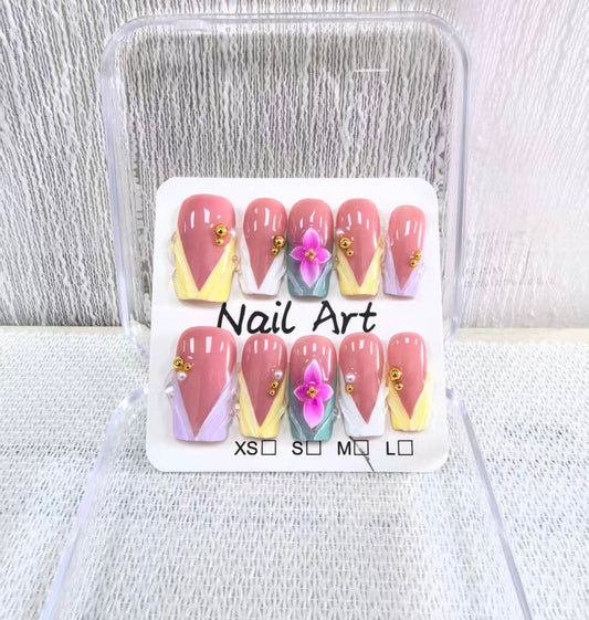 Medium Square Press on Nails Handmade Fake Nails Pink French Tip with 3D Flower Designs Pearl Charm luxury Glossy Cute Acrylic Nails for Women 10pcs (Size M）