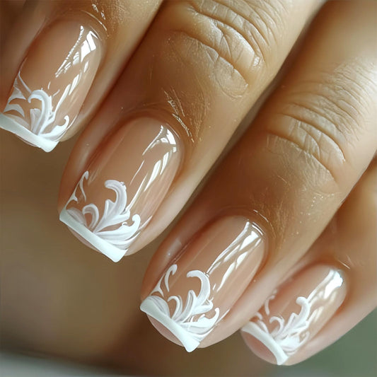 Medium Press on Nails Square Fake Nails with White Flower Designs Glossy Nails Press ons Nude Glue on Nails Cute Acrylic Nails Artificial Stick on Nails for Women 24Pcs