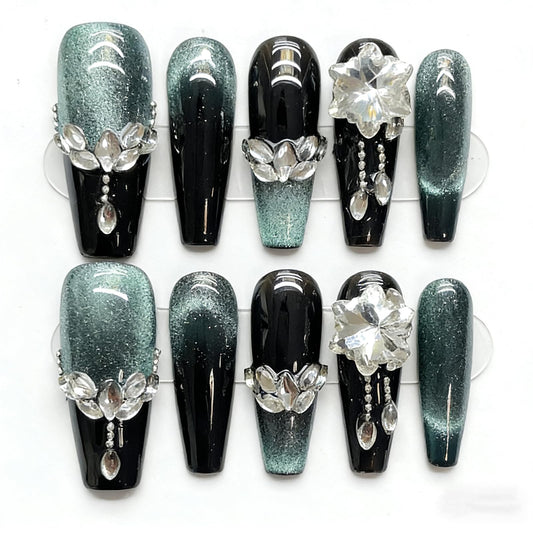 Handmade Press on Nails Square Luxurious Dark Green Gradient Cat's Eye with Heavy Gemstone Decoration Acrylic Nails Press on Handmade Nails Luxury Press On Nails(L)