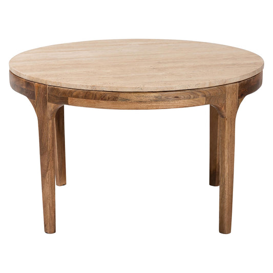 Baxton Studio Prospero Round Travertine Coffee Table - Modern Accent Table with Mango Wood Frame for Living Room or Seating Areas