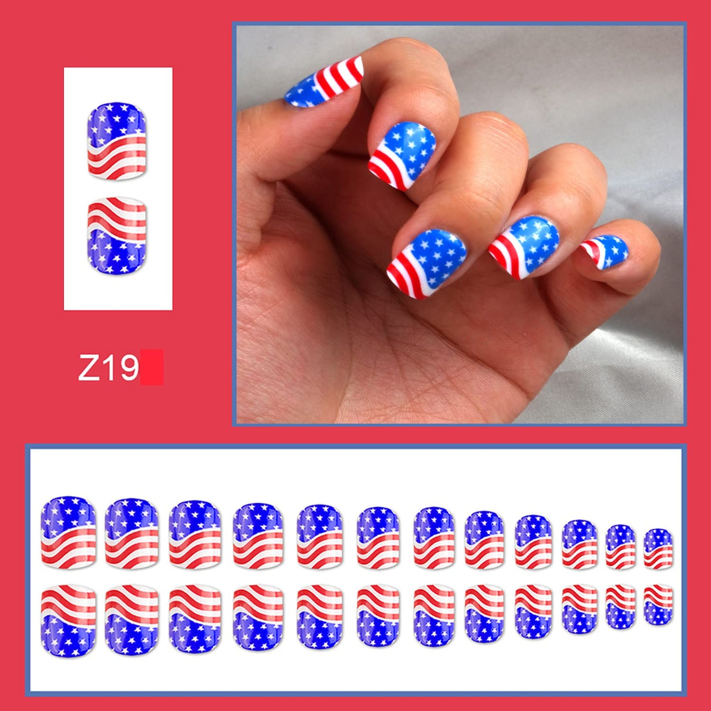 Independence Day Full Cover Coffin Shape False Nails, Press on Nails Short Square, Glue On Nails with Patriotic Designs, Women Acrylic Fake Nails for July 4th, Artificial Reusable Stick on Nails
