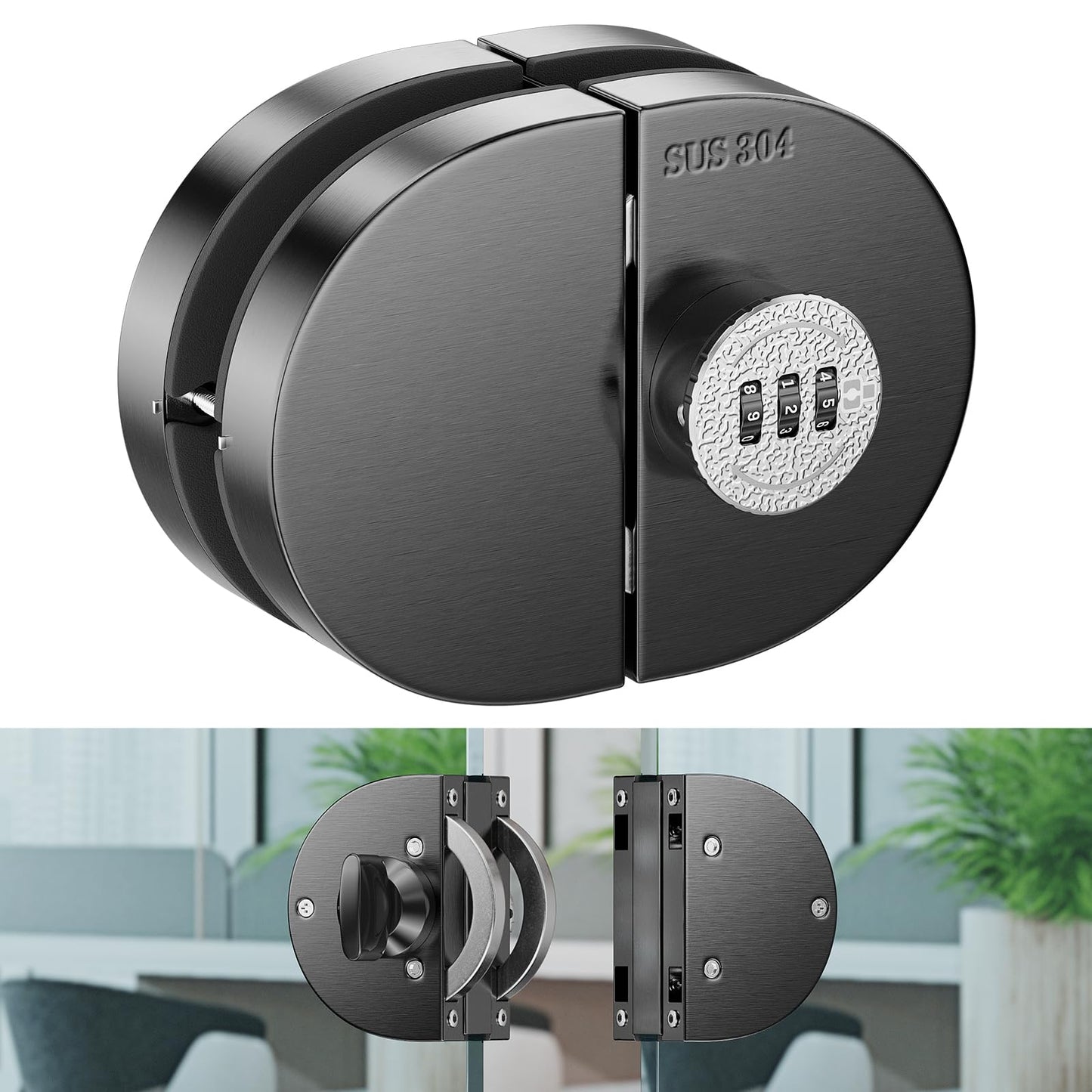 Ranbo Frameless Mechanical Combination Glass Door Lock, No-Drill Installation, Fits 3/8''–1/2'' Thick Tempered Panels, Brushed Black Finish, for Double Swing Glass Doors, Home & Commercial Use