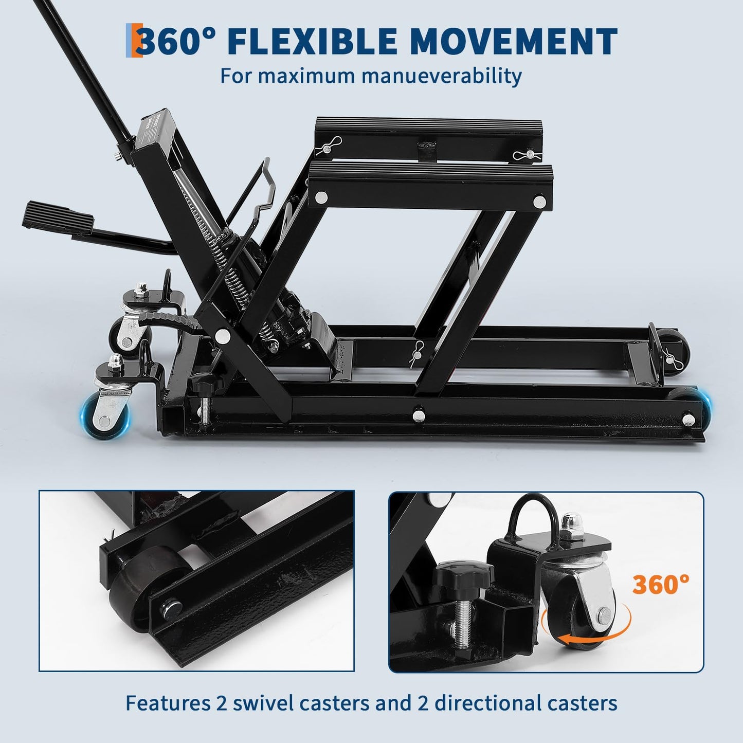 Hydraulic Motorcycle Lift Jack 1500LBS Capacity Heavy Duty ATV Scissor Lift Jack Portable Motorcycle Lift Table with 4 Wheels Hydraulic Foot-Operated Hoist Stand for ATV UTV Powersports,Black