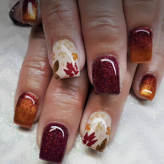 Fall Press on Nails Short Square Fake Nails Maple Leaves designs Stick on Nails Gold Glitter Acrylic Nails Thanksgiving False Nails Glossy Full Cover Autumn Glue on Nails for Women Girls Art Manicure