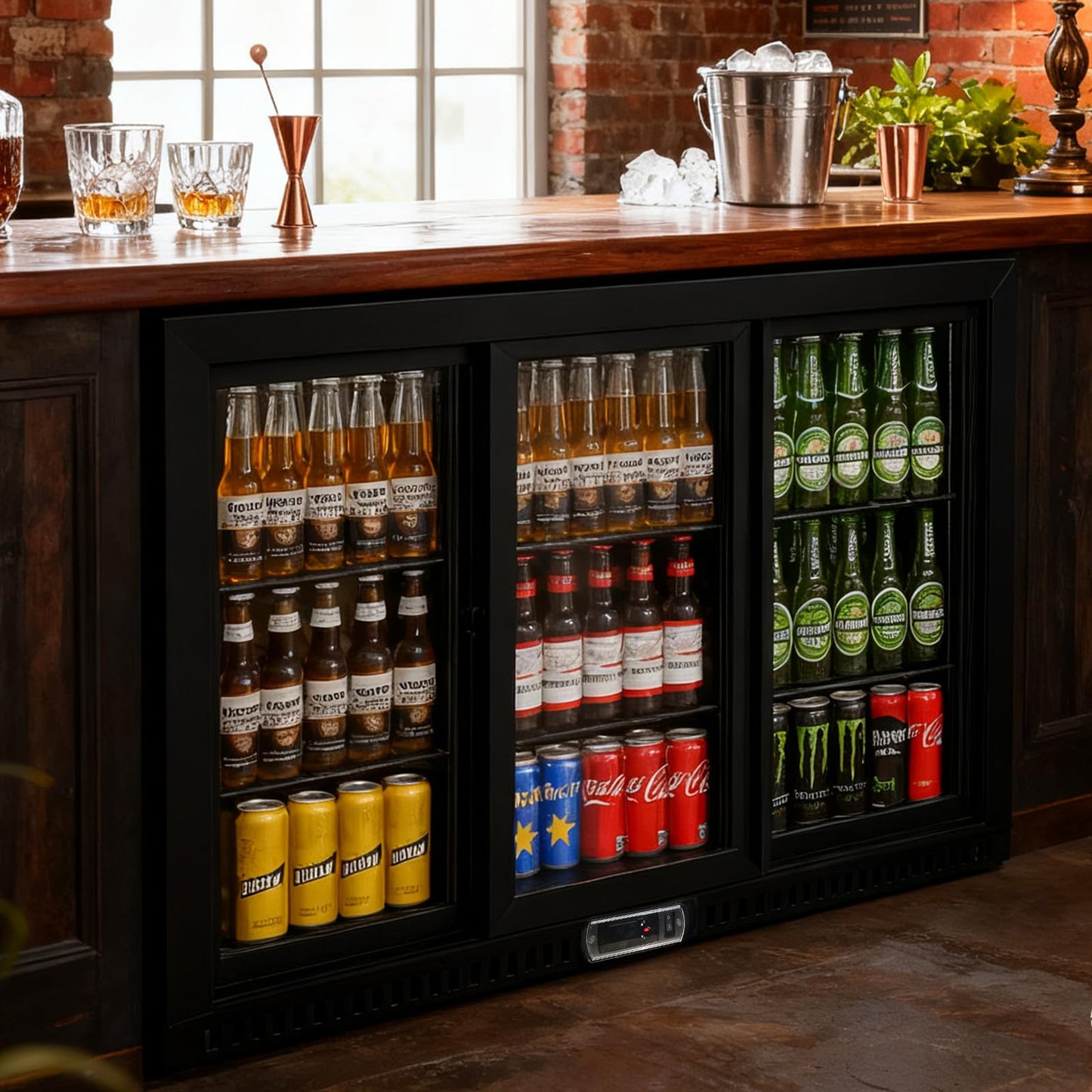 Bluelinecool Commercial Back Bar Cooler with 3 Glass Sliding Doors, 11.5 cu.ft Under Counter Beverage Refrigerator, LED Lighting - ETL Beer and Wine Cooler for Bar, Restaurant, Garage, Office, Home