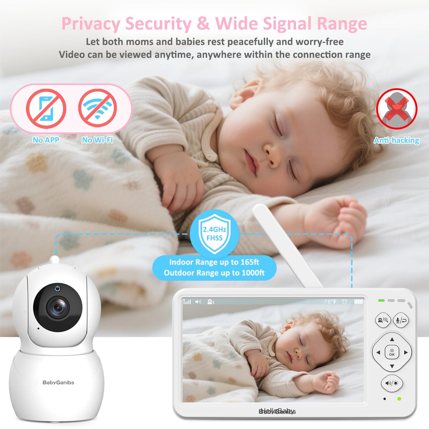 Baby Ganibs 6" Big Screen Baby Monitor with Camera and Audio, 1000ft Long Range No WiFi, 2-Way Talk, 8 Lullabies, ECO Mode, Infrared Night Vision, 150 Languages, Baby Shower,Baby Register Gift