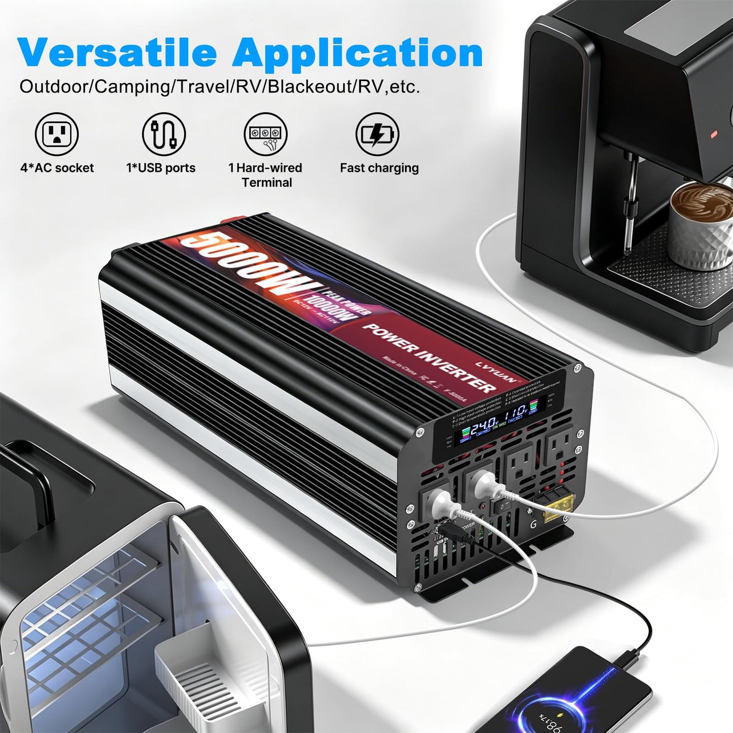 LVYUAN 5000 Watt Power Inverter 24V to 110V 120V for Vehicle, Solar Inverter System, Heavy Duty, RV, Truck, Off Grid,Camping with 4 AC Outlets, LCD Display, Wireless Remote Control, Car Power Inverter