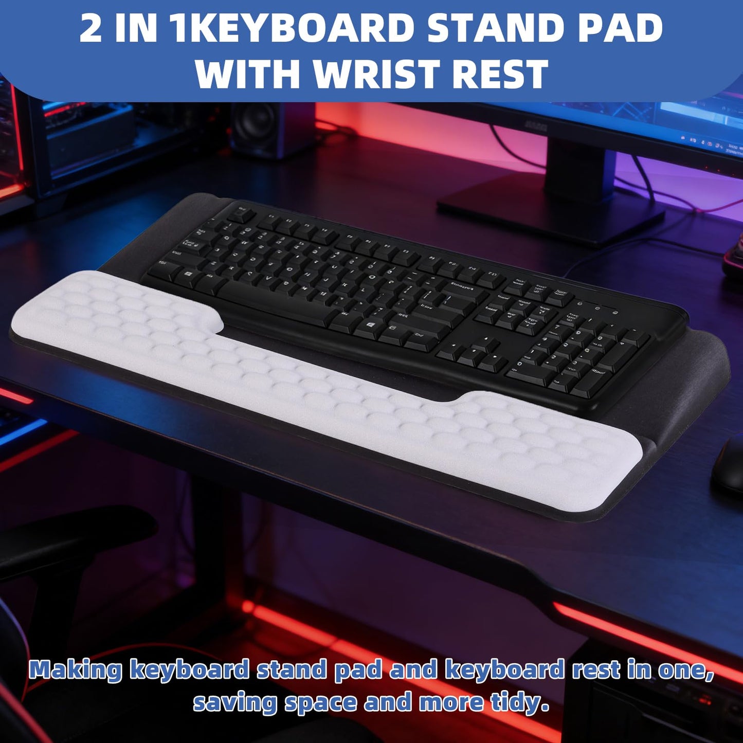 Keyboard Stand with Wrist Rest，Ergonomic Wrist Pad Memory Foam Keyboard Riser Holder Tray with Non-Slip Base, Pain Relief for Work Study Game (Black and White)