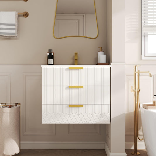 Merax 24" Wall Mounted Floating Cabinet w/Double Drawer, Floating Rectangular Vanity Small Bathroom Sink with Single Faucet Hole and Overflow, Modern Bathroom Cabinet with Ceramic Basin Sink, White