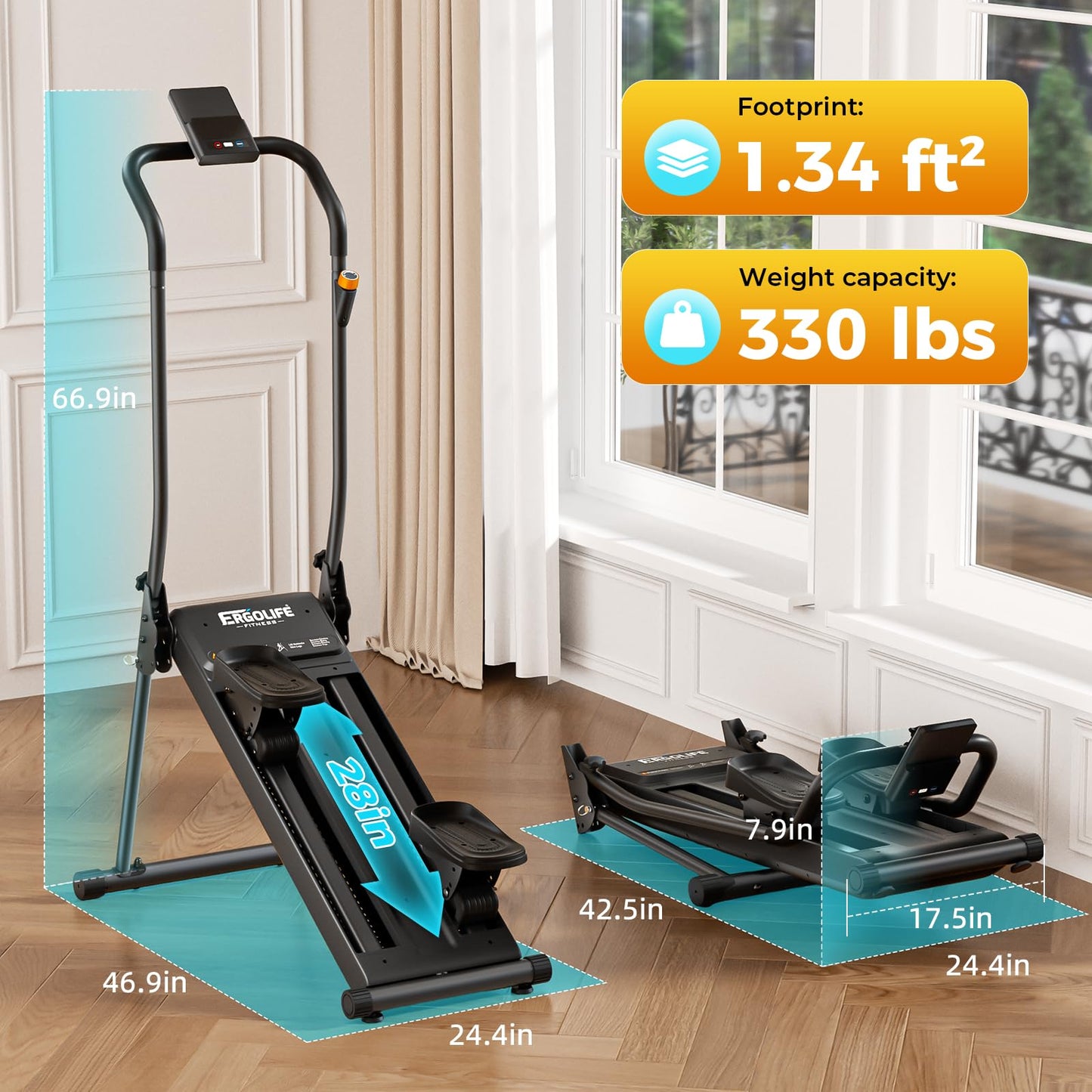 ERGOLIFE Stair Stepper with 6-Level Adjustable Resistance, 350lbs Upgrade Foldable Stairmaster Machine for Home Gym Workout, Cardio Stair Climber with Low Noise (Black-Orange)