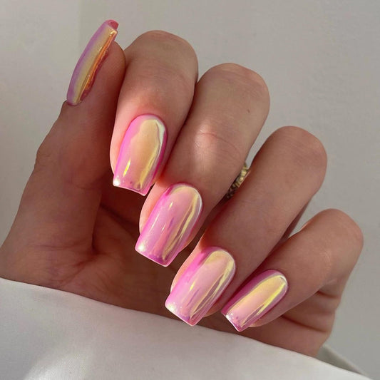 Qsnidy Press on Nails Square - Glazed Pastel Pink Chrome Fake Nails Medium Acrylic Full Cover Glue on Nails in 12 Sizes - 24 Piece Nail Kit，Natural Fit for Women & Girls Daily Wear