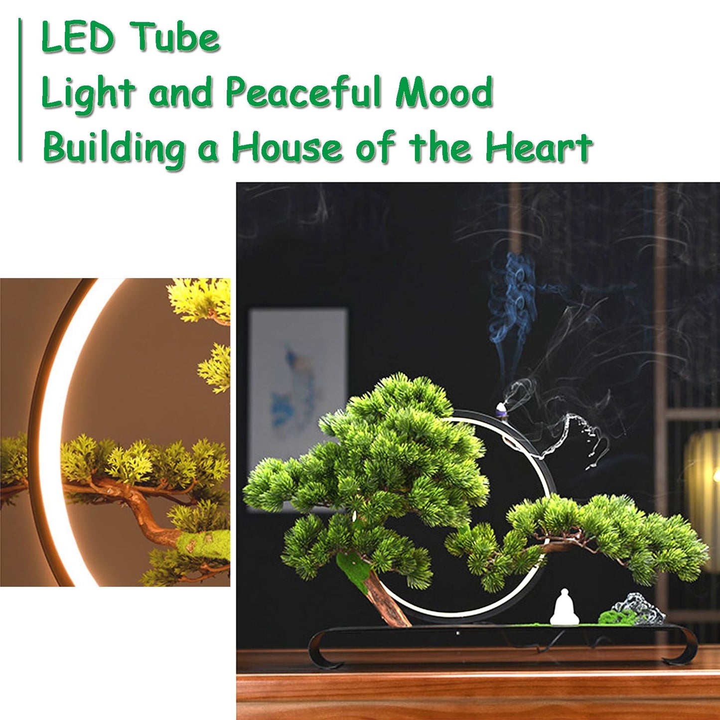 Fake Bonsai Tree Decor with Lamp Rings, Realistic Artificial Bonsai Tree, Welcome Pine Faux Potted with Backflow Incense, Bonsai Artificial for Home Office Garden Patio Farmhouse Decoration (Pines)