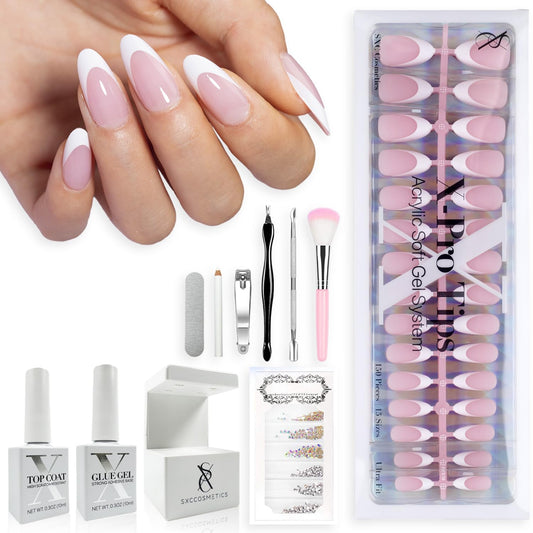 SXC Cosmetics French Tip Press On Nails – Pink Series, Medium Almond Fake Nails X-Pro Tips Starter Kit | 150PCS, 15 Sizes, 5 Styles