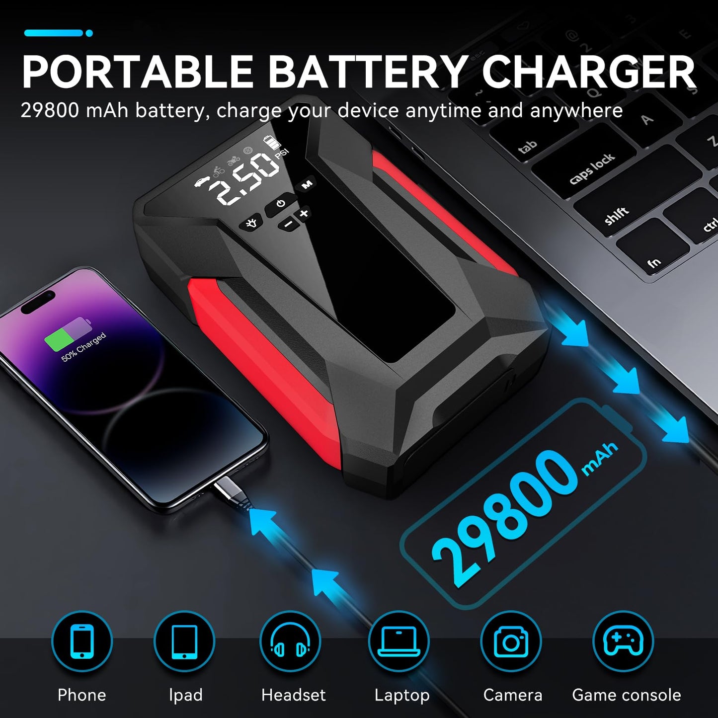 Jump Starter with Air Compressor,4000A Portable Car Battery Jump Starter (10L Gas/8.5L Diesel), 12V Battery Charger Booster,150PSI Auto-Shutoff Tire Inflator,Portable Jumper Cables, LED Light (Black)