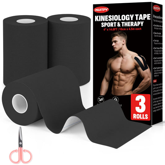3 Rolls Kinesiology Tape, 4 inch x 14.8 Feet Waterproof Athletic Tape, Uncut Kinetic Tape, Elastic Muscle Tape, Sports Tape, Knee Tape for Exercise and Daily Use - Black