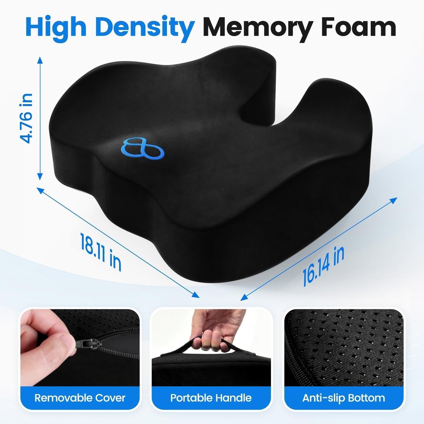 SofterCharm Seat Cushion, Memory Foam Chair Cushions for Tailbone/Sciatica Easing, Chair Pillow with Handles for Car, Office Chair Cushion with Non-Slip Design, Ideal for Post-Surgery Recovery(Black)