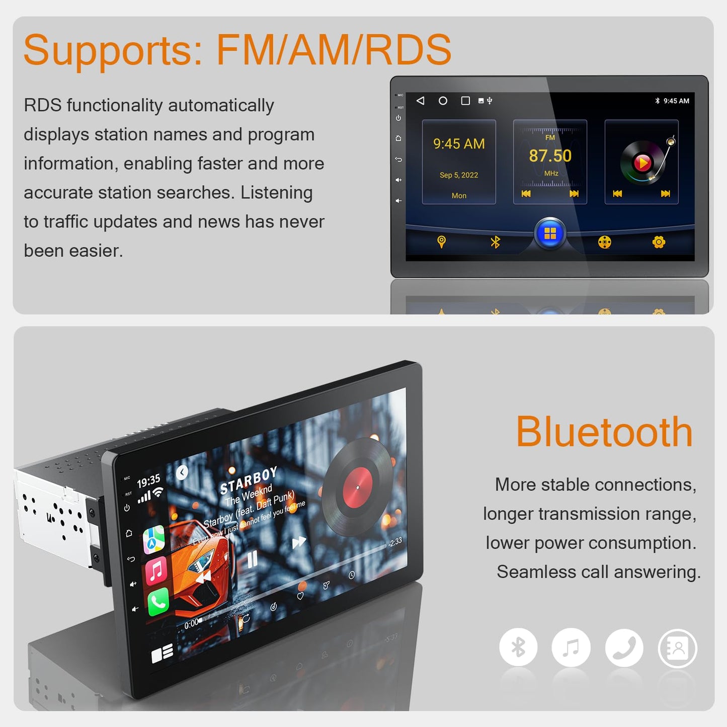 Haudio 10.1 Inch Single Din Radio Car Stereo,Support Wireless CarPlay and Android Auto,360 Rotatable Screen with 1080P Rear Camera,Mirror Link|Bluetooth|Music Play|AUX|FM/AM|SWC,Android Car Radio