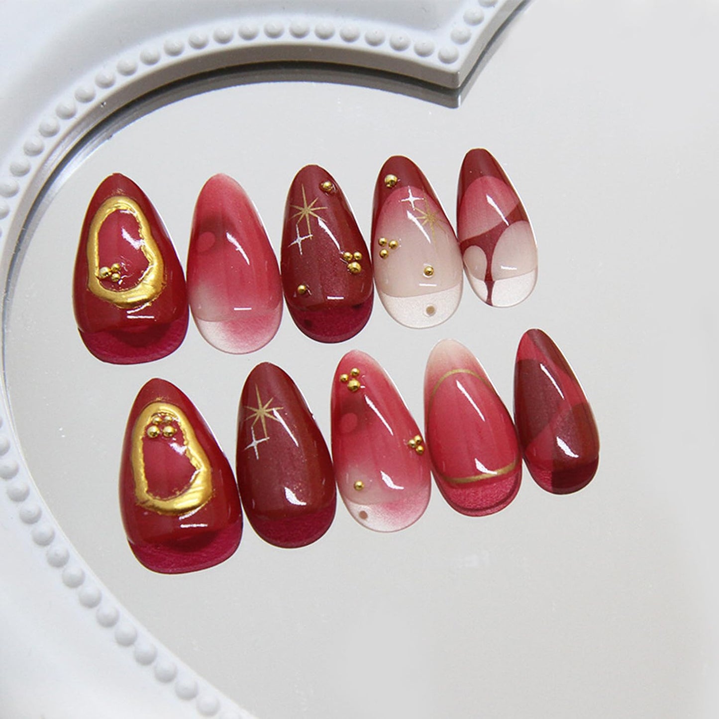 24Pcs Deep red Press on Nails Medium Almond Fake Nails with 3D Texture Gold Design French Nails Gold Star Bead Stick on Nails Y2K Golden Line Ombre False Nails Punk Artificial Glue on Nails for Women