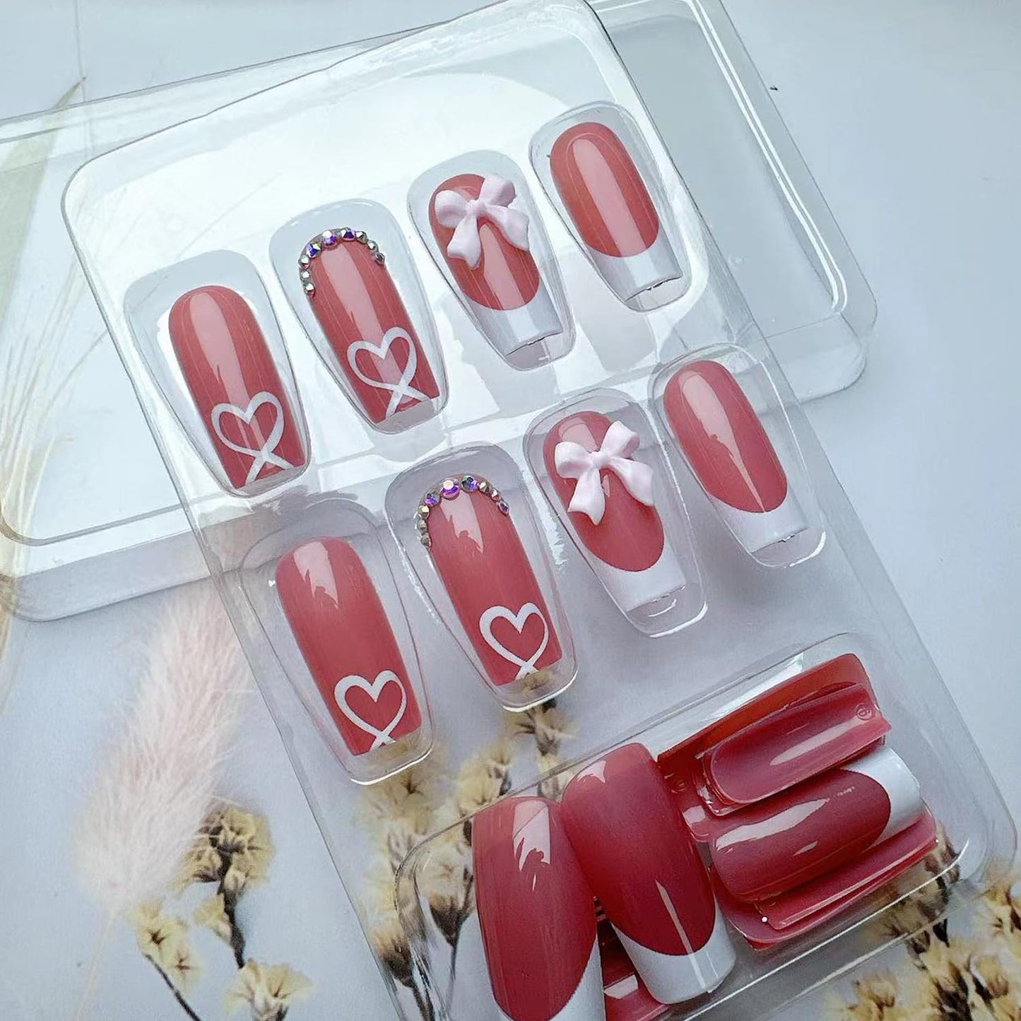 YKZFUI French Tip Press on Nails with Charms, Medium, Cute Bow, Long Square Shape, Acrylic Fake Stick On Nails with Heart and Rhinestones for Women Daily Wear, White