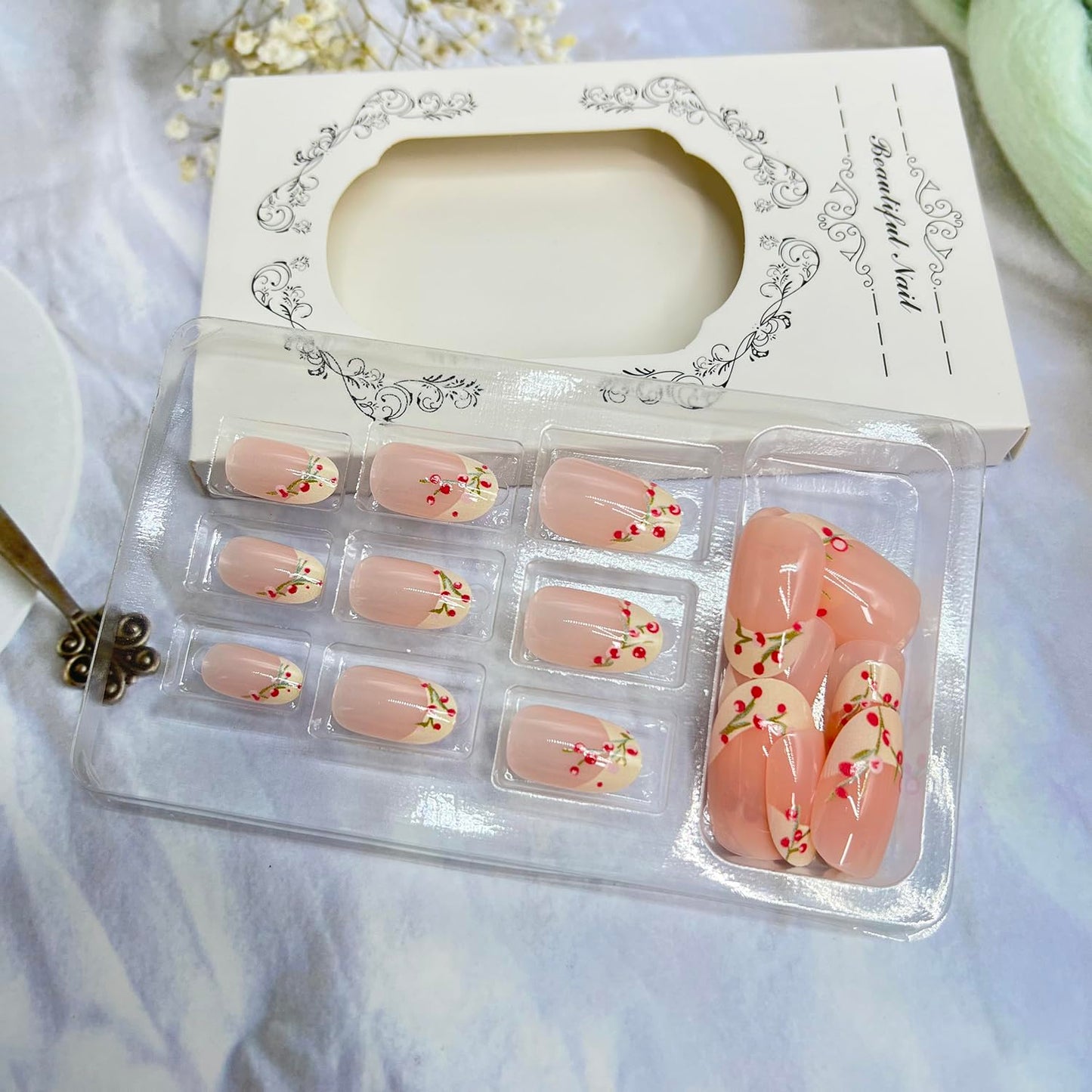 Flower Press on Nails Short Almond Fake Nails with Yellow French Tip Design Spring False Nail Reusable Glossy Full Cover Reusable Stick on Nail For Women Manicure 24 Pcs