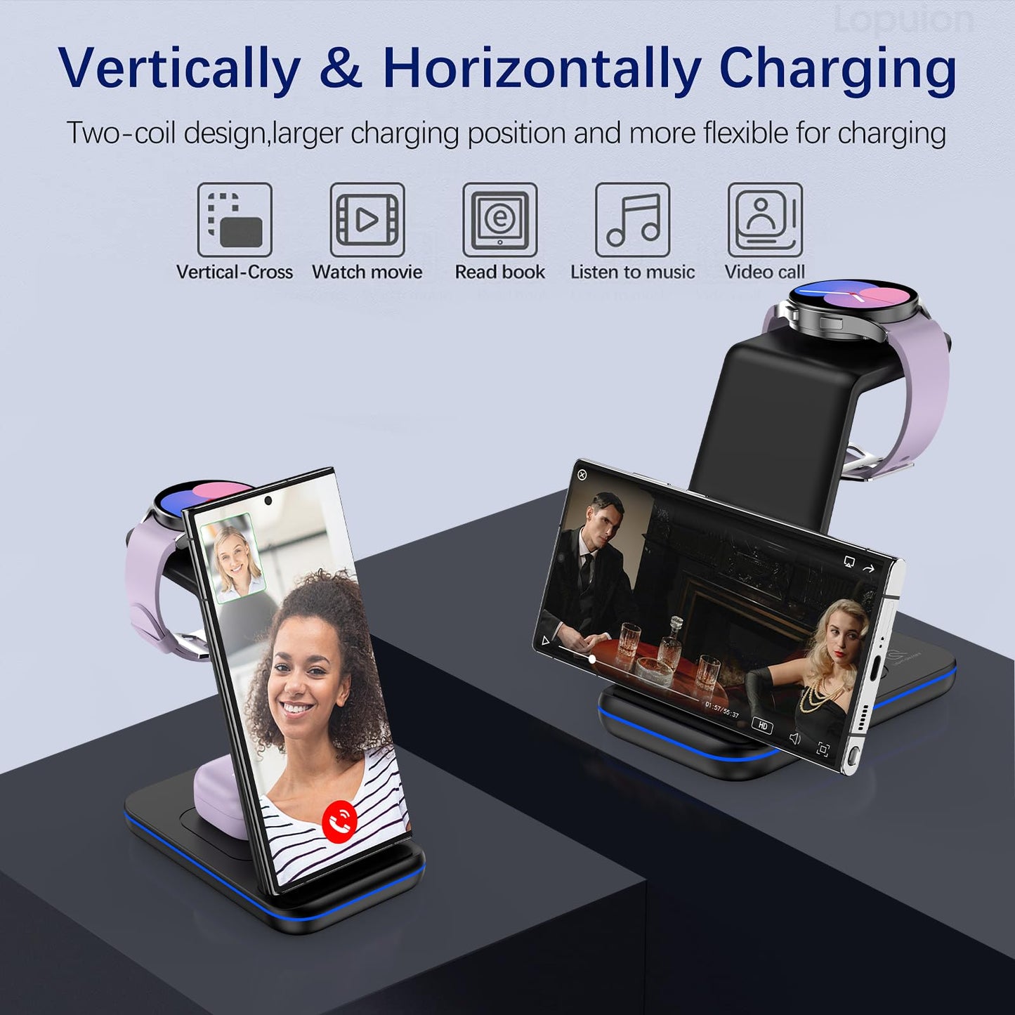Wireless Charging Station for Samsung/Android, Fast Wireless Watch Charger Station Compatible for Samsung Galaxy S25 Ultra/S24/S23+/Z Flip 7/6 Fold 7/6, Watch8/7/Pro/Active 2 Galaxy Buds3/2 Pro(Black)