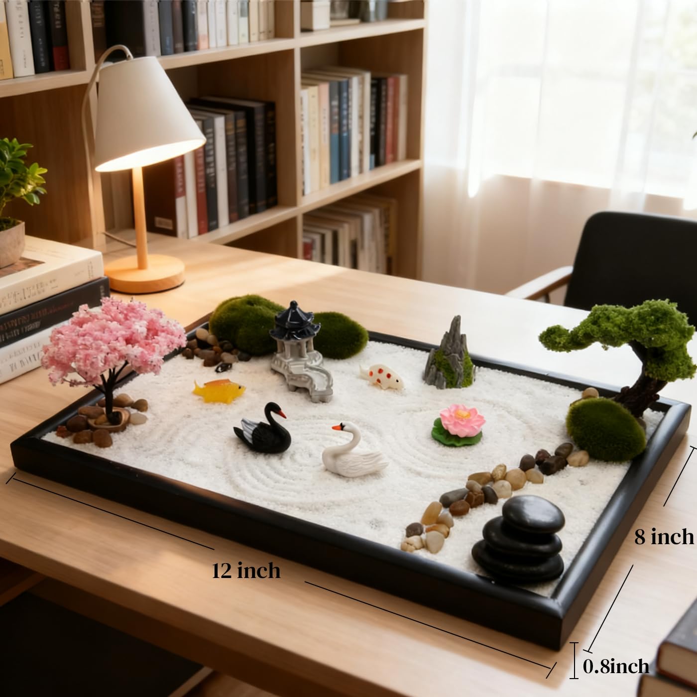 FotuKare Zen Garden for Desk, Japanese Garden Home Office Desktop Decor for Meditation Sand Tray Therapy Kit,11.8'' X 7.9'' Large Size,Bamboo Rake Tools, Valentine's Day Gift