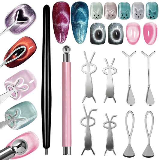 DANNEASY 12PCS Cat Eye Nail Magnet Set, Cat Eye Gel Nail Polsih Magnet Tool with Magnet Beads and Nail Magnets Guides,Flower Design Nail Magnetic Pen, Heart Cat Eye Magnet for Nail Art DIY (Pink)